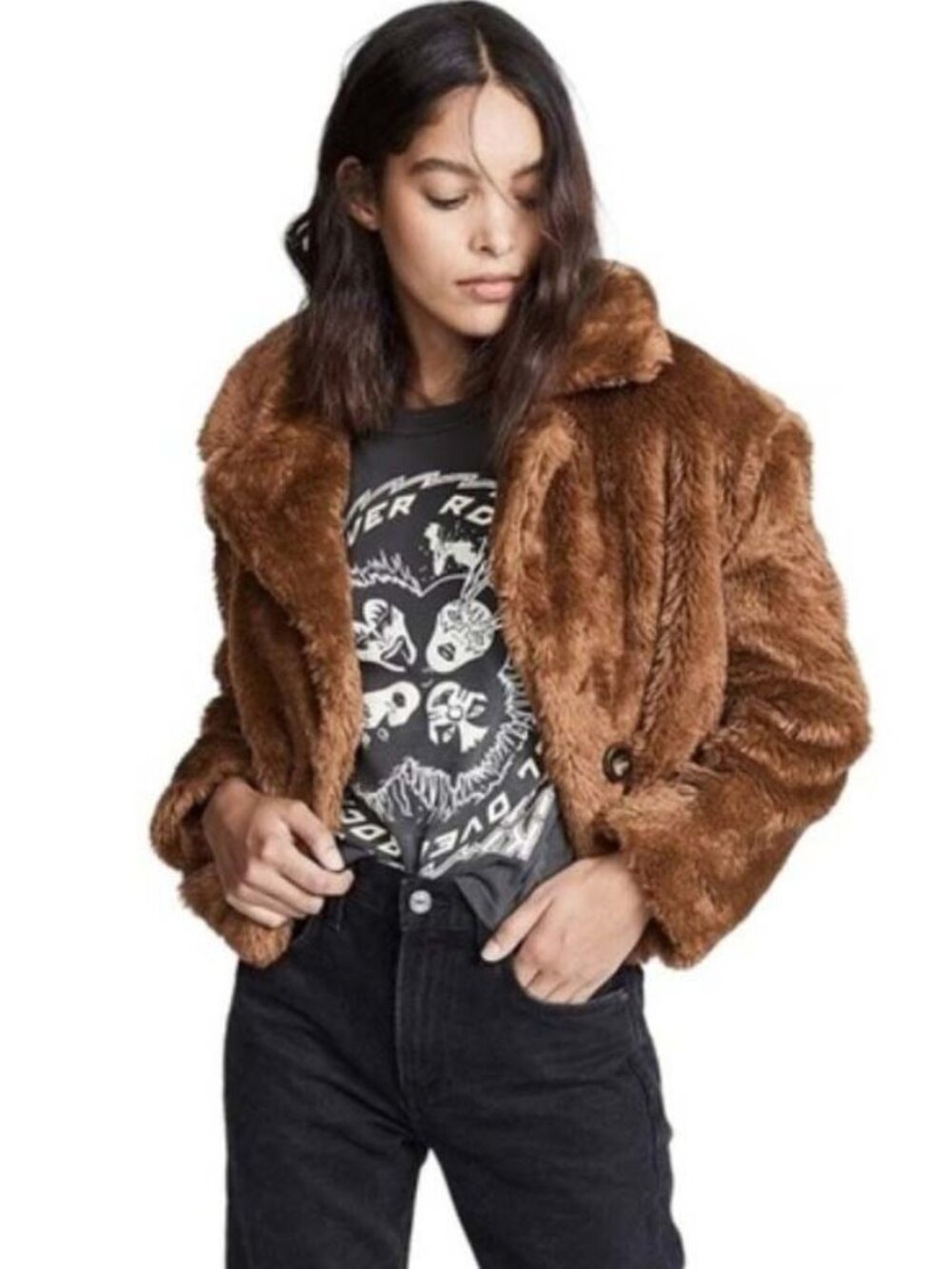 Free People Cropped Jacket‎ Women's Brown Mena Faux Fur Fluffy Teddy S